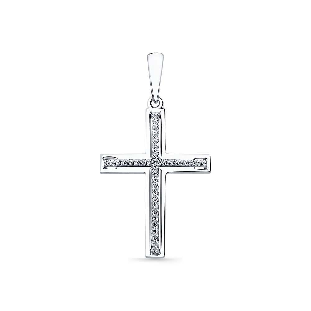 Крестик из белого золота с камнями Бриллиант