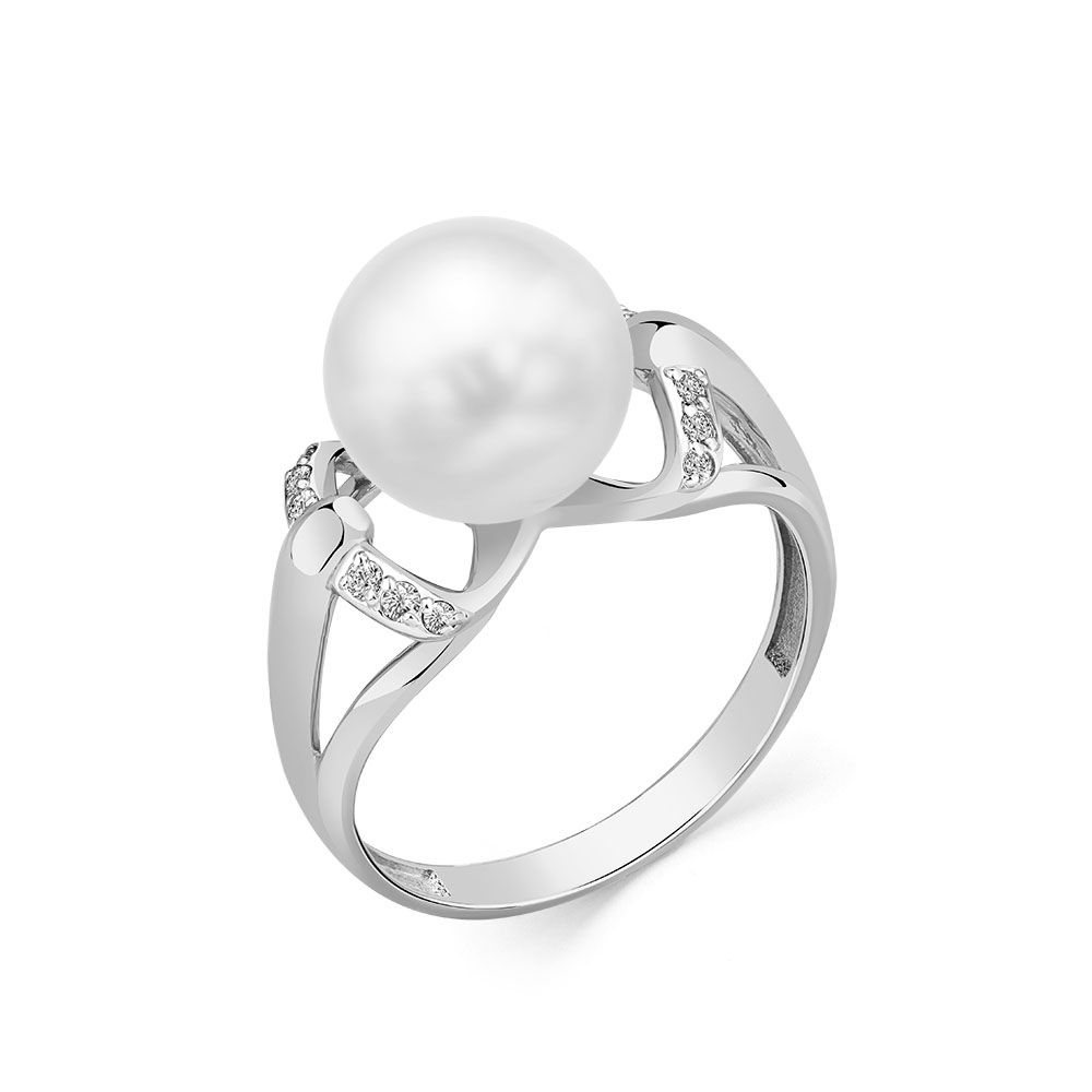 Inel din aur alb cu pietre Cubic Zirconia Incolor, Perla Albă