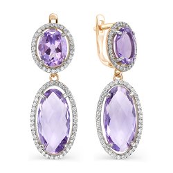 Серьги Длинные из красного золота с камнями Фианит, Аметист