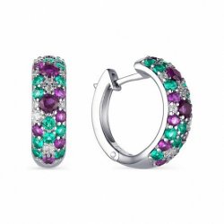 Cercei Creole din argint  cu pietre Cubic Zirconia Incolor, Cubic Zirconia Verde și Cubic Zirconia Liliachiu