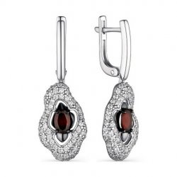 Серьги Длинные из серебра с камнями Фианит, Гранат