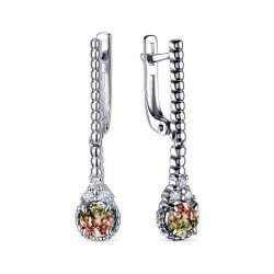 Серьги Длинные из серебра с камнями Фианит, Султанит (синт.)