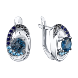 Серьги из белого золота с камнями Фианит Синий, Фианит Синий Сапфир и Фианит Чёрный