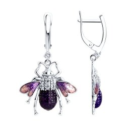 Cercei Suspendați din argint  cu pietre Cubic Zirconia Incolor, Cubic Zirconia Liliachiu și Emailare