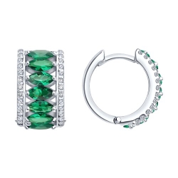 Серьги Конго из серебра с камнями Фианит, Ситалл зеленый (синт.)