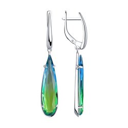 Серьги Длинные из серебра с камнями Ситалл зеленый (синт.)