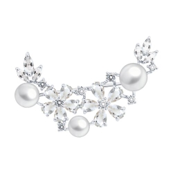 Broșă din aur alb cu pietre Cubic Zirconia Incolor, Cristal de munte și Perla Albă