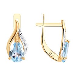 Серьги из красного золота с камнями Фианит, Топаз голубой