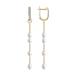 Серьги Длинные из красного золота с камнями Бриллиант, Жемчуг белый