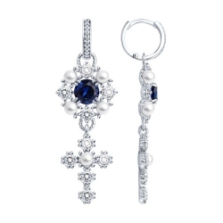 Серьги Конго из серебра с камнями Фианит, Жемчуг имит. и Корунд