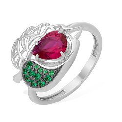 Кольцо из серебра с камнями Фианит Зелёный, Фианит Красный