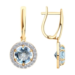 Серьги Длинные из красного золота с камнями Фианит, Топаз голубой