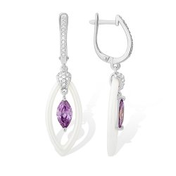 Cercei Suspendați din argint  cu pietre Cubic Zirconia Incolor, Cubic Zirconia Liliachiu și Ceramica albă