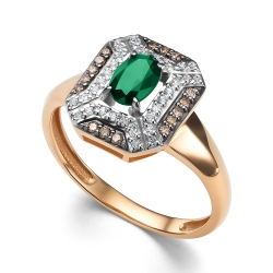 Кольцо из красного золота с камнями Бриллиант, Бриллиант коньяк и Изумруд