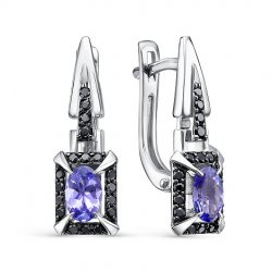 Cercei din aur alb cu pietre Diamant negru, Tanzanit
