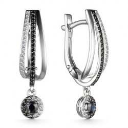 Cercei Suspendați din aur alb cu pietre Diamant, Diamant negru și Safir