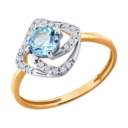Кольцо из красного золота с камнями Фианит, Топаз голубой