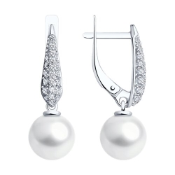 Cercei Suspendați din aur alb cu pietre Cubic Zirconia Incolor, Perla Albă