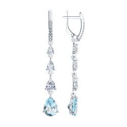 Серьги Длинные из серебра с камнями Фианит, Топаз голубой