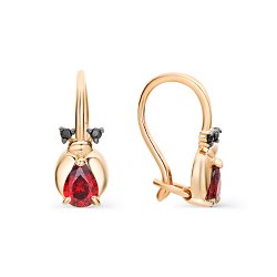Детские серьги из красного золота с камнями Фианит Чёрный, Гранат