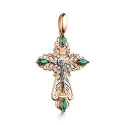 Крестик из красного золота с камнями Бриллиант, Изумруд