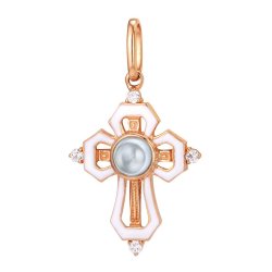Cruce din aur roșu cu pietre Cubic Zirconia Incolor, Emailare