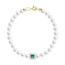 Браслет из красного золота с камнями Сапфир бесцветный, Изумруд гидротермальный и Жемчуг белый