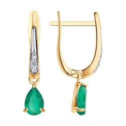 Серьги Длинные из красного золота с камнями Бриллиант, Агат зеленый