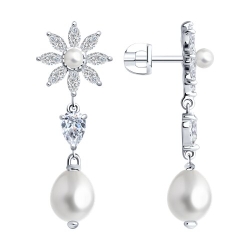 Cercei Pusete din argint  cu pietre Cubic Zirconia Incolor, Perla Albă