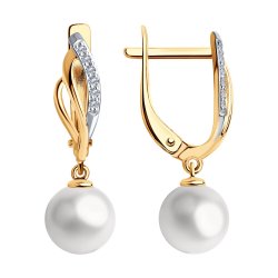 Cercei Suspendați din aur roșu cu pietre Cubic Zirconia Incolor, Perla Albă