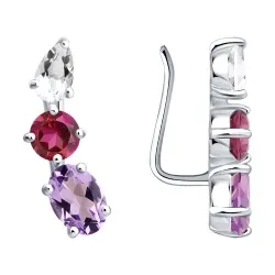 Серьги из серебра с камнями Аметист, Горный хрусталь и Топаз розовый