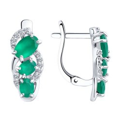 Серьги из серебра с камнями Фианит, Агат зеленый