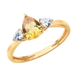 Кольцо из красного золота с камнями Фианит, Цитрин