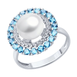 Inel din aur alb cu pietre Cubic Zirconia Incolor, Topaz Swiss și Perla Albă