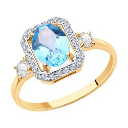 Inel din aur roșu cu pietre Cubic Zirconia Incolor, Topaz albastru