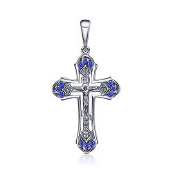 Cruce din aur alb cu pietre Cubic Zirconia Albastru
