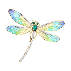 Broșă din aur roșu cu pietre Diamant, Smarald și Emailare