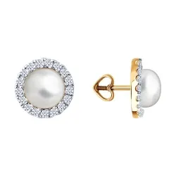 Cercei Pusete din aur roșu cu Cubic Zirconia Incolor, Perla Albă