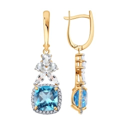 Серьги Длинные из красного золота с камнями Бриллиант, Горный хрусталь и Топаз Swiss