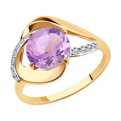 Кольцо из красного золота с камнями Фианит, Аметист