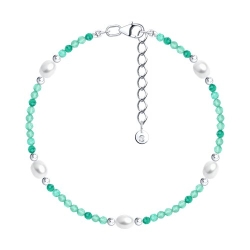 Браслет из серебра с камнями Агат зеленый, Жемчуг белый  и Леска