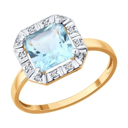 Кольцо из красного золота с камнями Бриллиант, Топаз голубой