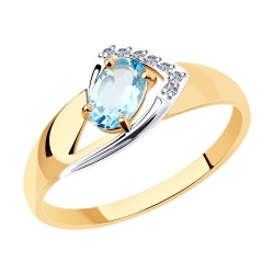 Кольцо из красного золота с камнями Фианит, Топаз голубой