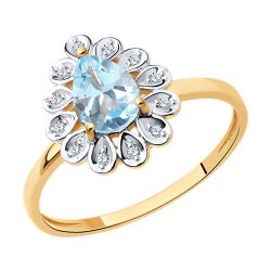 Inel din aur roșu cu pietre Diamant, Topaz albastru