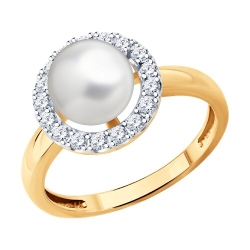 Inel din aur roșu cu Cubic Zirconia Incolor, Perla Albă