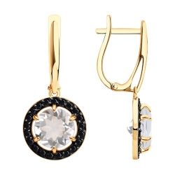 Серьги Длинные из красного золота с камнями Фианит Чёрный, Горный хрусталь