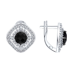 Серьги из серебра с камнями Фианит, Агат черный