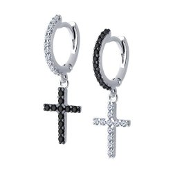 Cercei Creole din argint  cu pietre Cubic Zirconia Incolor, Cubic Zirconia Negru