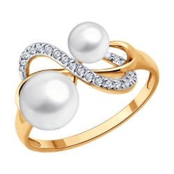 Inel din aur roșu cu pietre Cubic Zirconia Incolor, Perla Albă