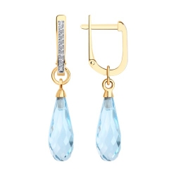 Серьги Длинные из красного золота с камнями Выращенный бриллиант, Топаз голубой